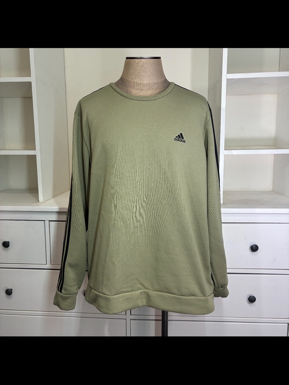 adidas Olive Crewneck Sweatshirt with Black Stripe Detail
